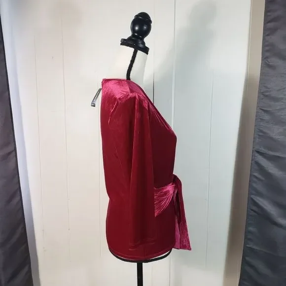EXPRESS Red Velvet Ribbed Knot Front Stretch Wrap Blouse Size Medium NWT - Picture 3 of 4